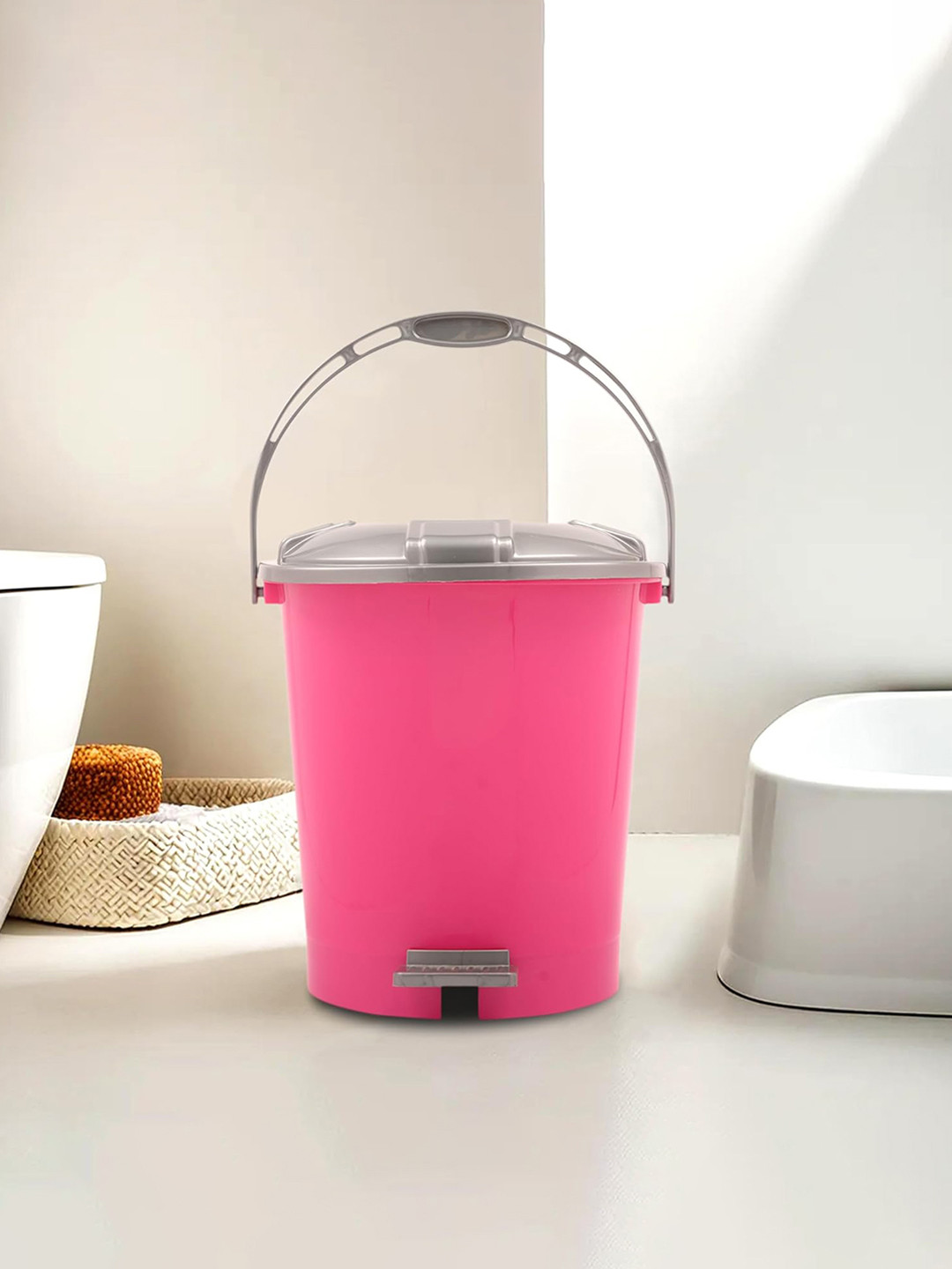 Kuber Industries Pink & Grey Durable Pedal Dustbin With Handle - 10 L