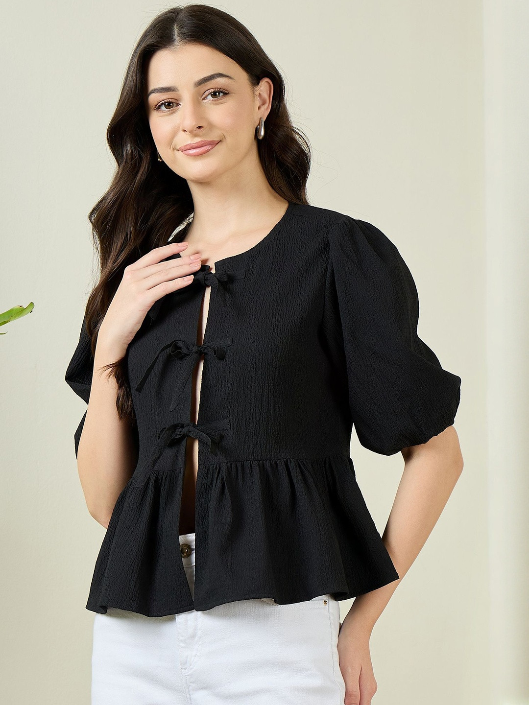 JUNE & HARRY Puff Sleeve Peplum Top