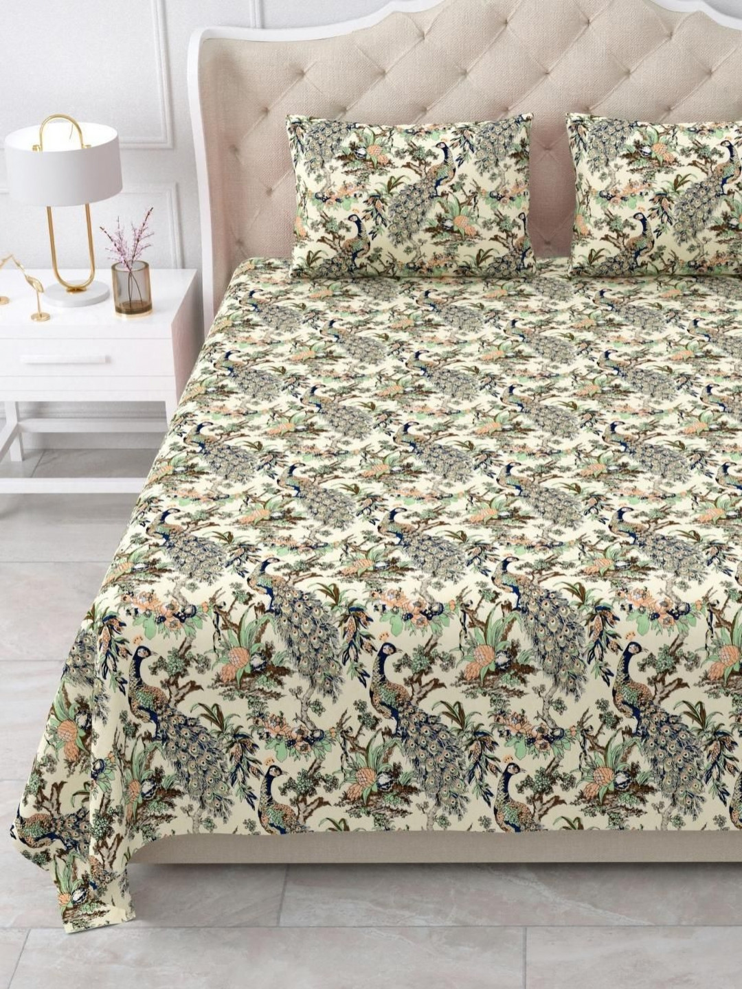 SWITCHON Cream-Coloured & Blue Ethnic Printed 300 TC King Bedsheet Set Set 2.74 m X 2.74 m