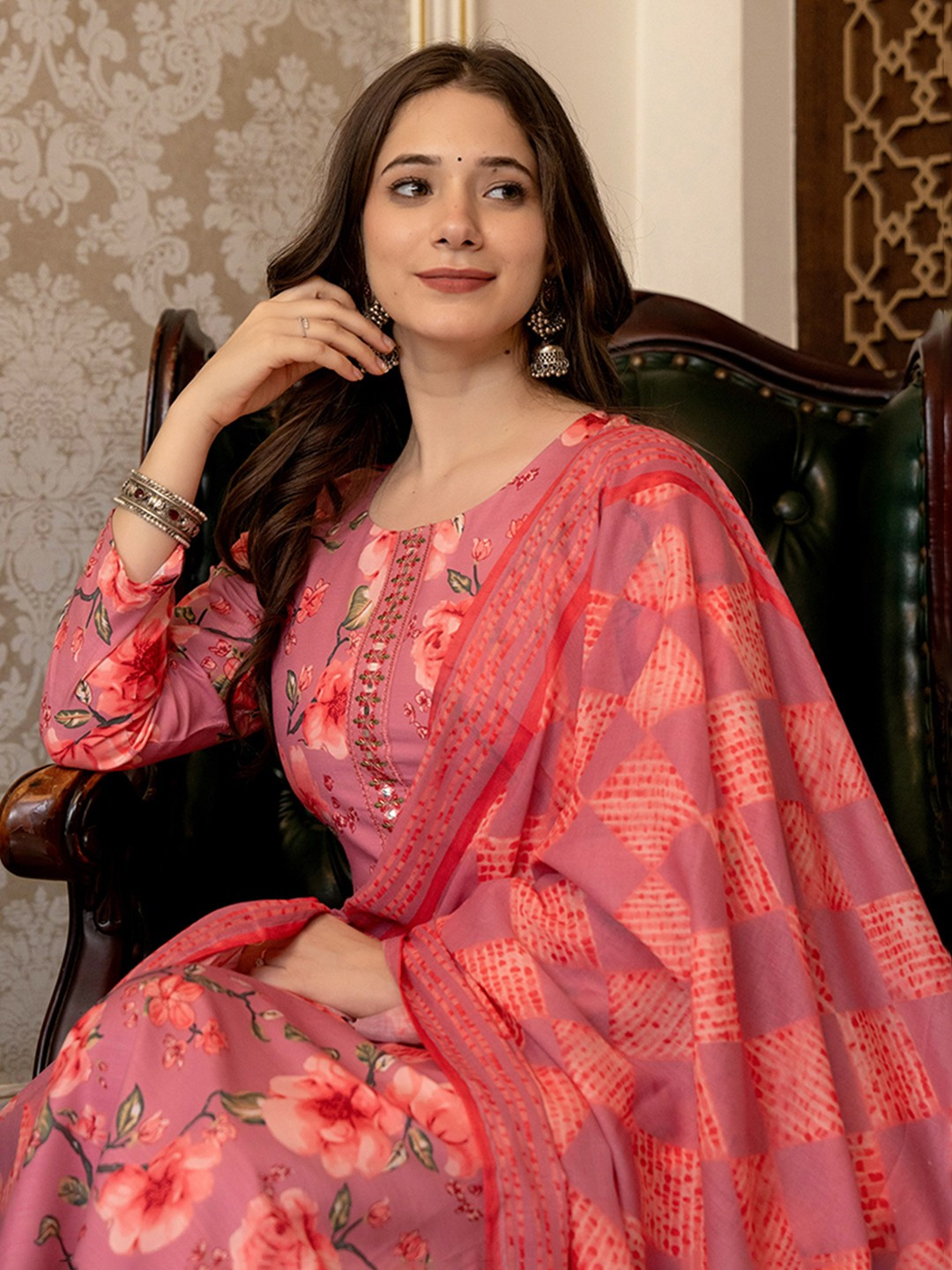 AHIKA Floral Printed Mirror Work Straight Kurta with Trousers & Dupatta