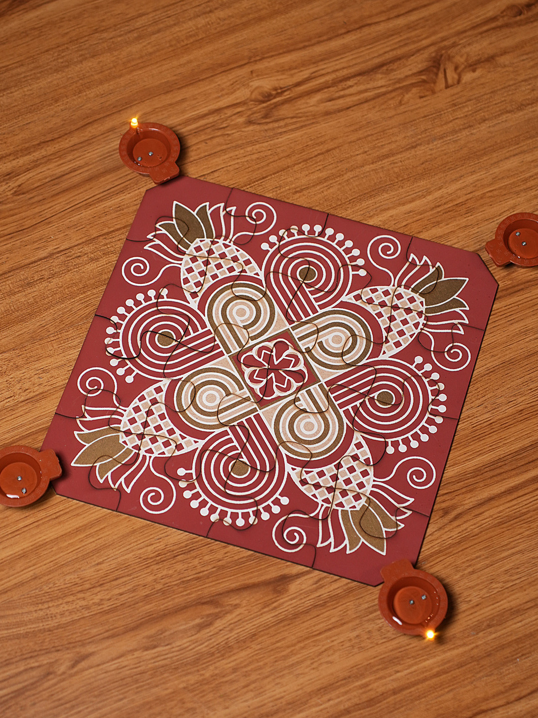 THE MOHRAJ Diwali Earthen Puzzle Wood Rangoli Stickers With 4 Pcs Water Sensor LED Diya