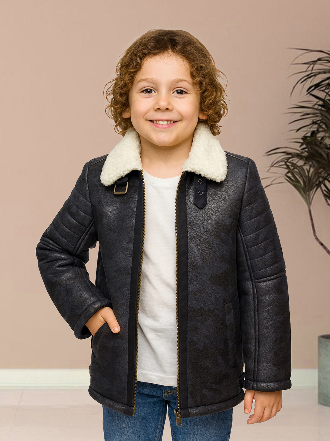 LURE JUNIOR Boys Faux Fur Trim Suede Leather Jacket
