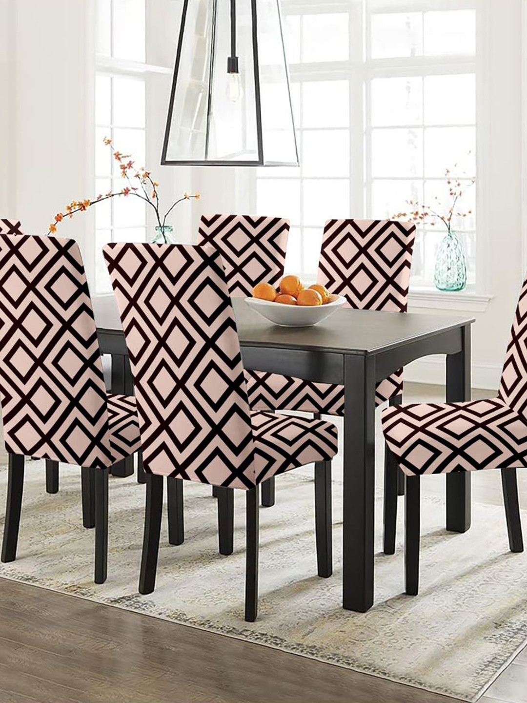 Lazi 200 GSM 6 Pieces Cream-Coloured & Brown Printed Geometric Dining Chair Covers