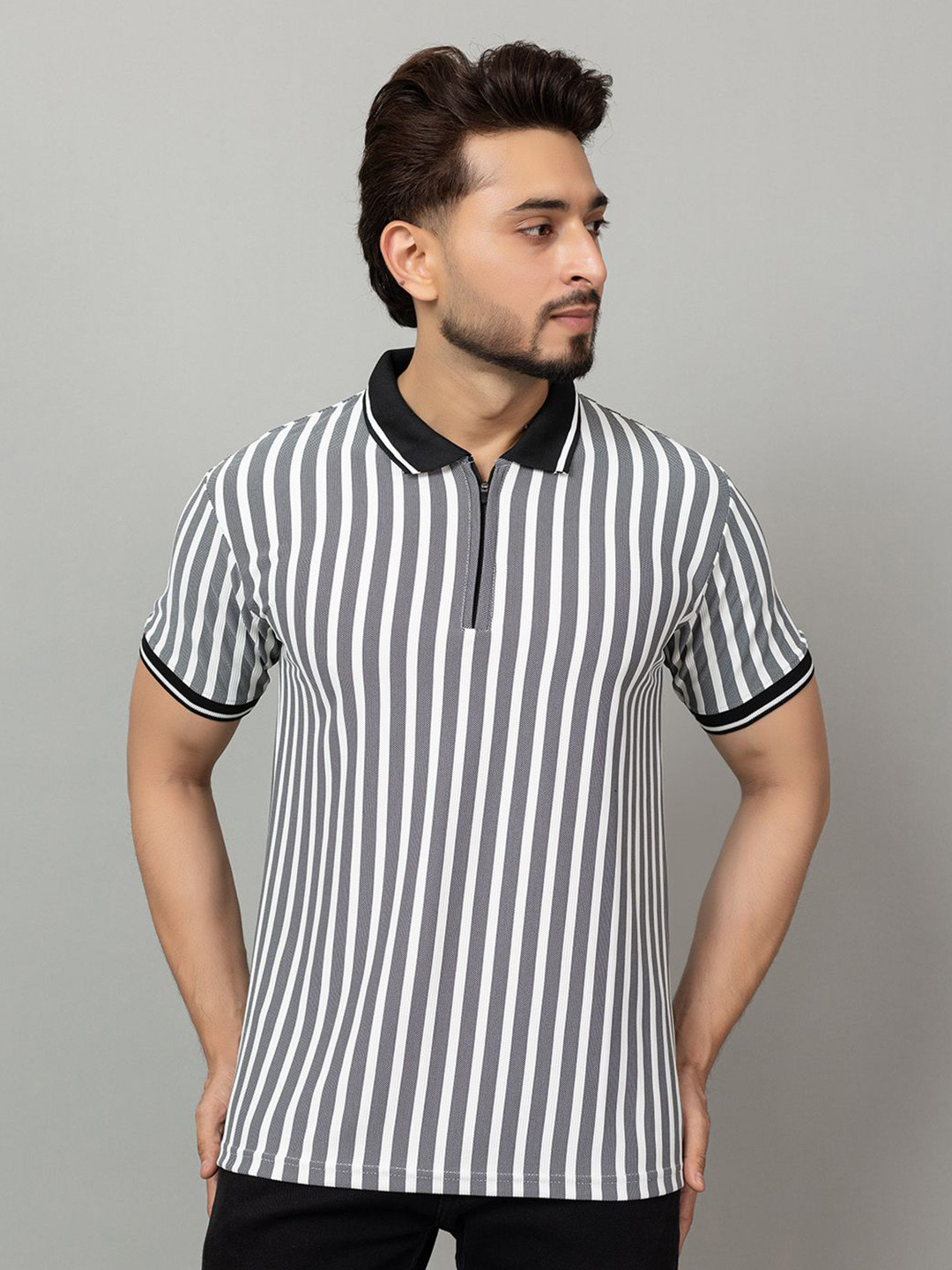 INSPRIE Striped Polo Collar Cotton T-Shirt