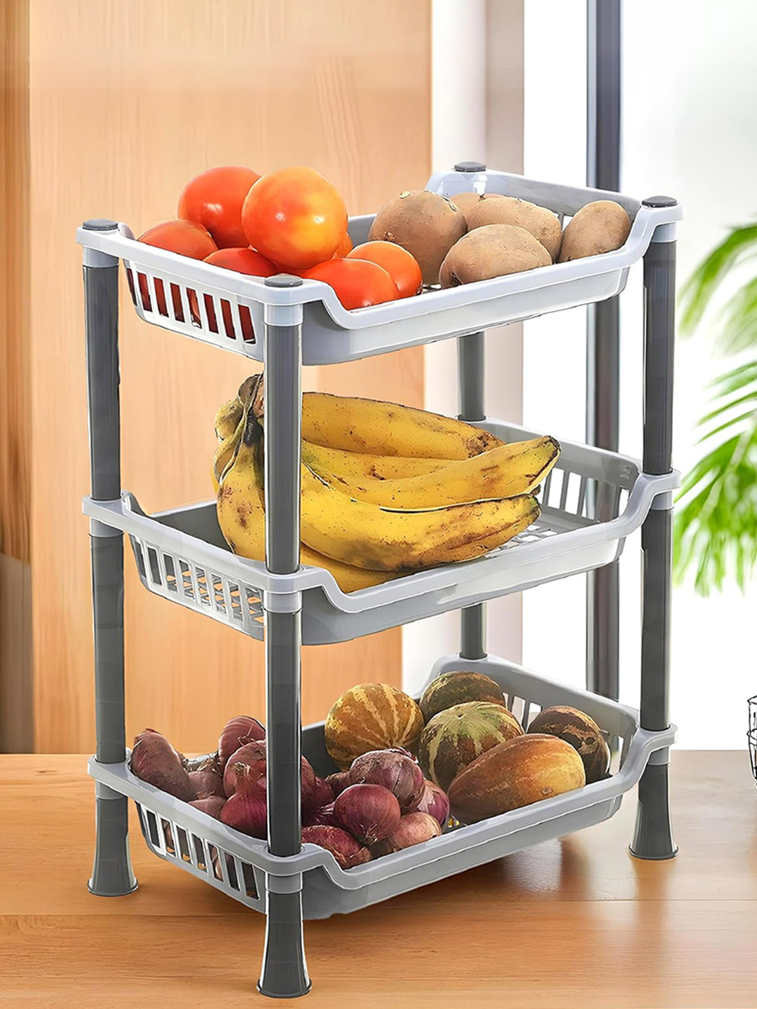 Kuber Industries Grey 3 Layer Multi-Purpose Storage Basket Rack
