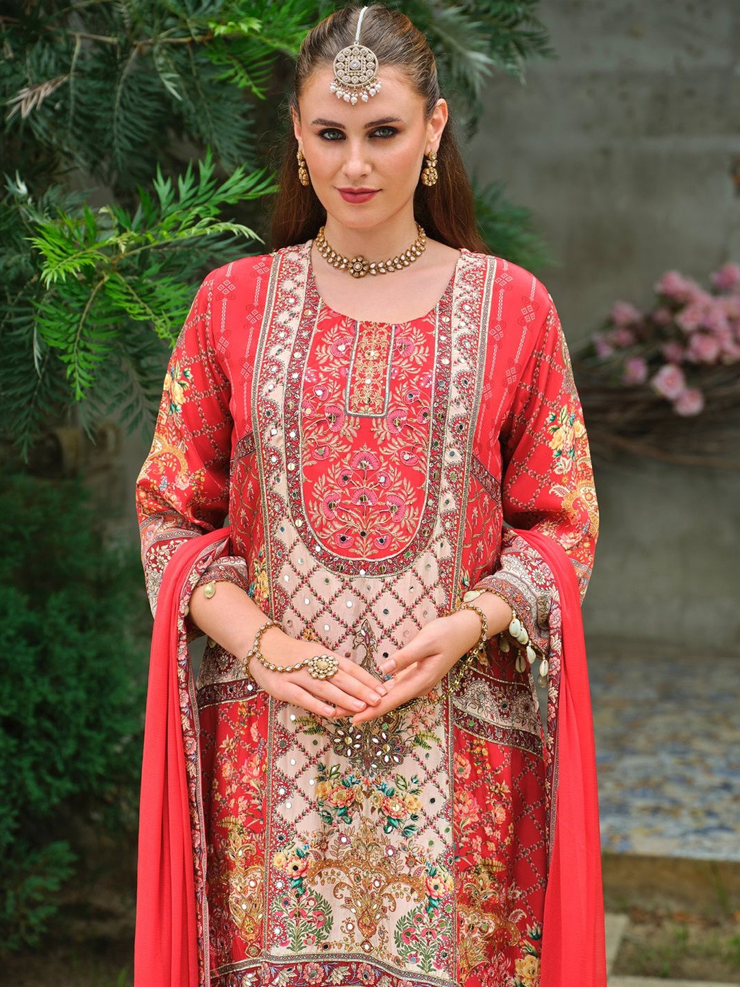 Indo Era Ethnic Motifs Printed Mirror Work Pure Silk A-Line Kurta & Palazzos With Dupatta