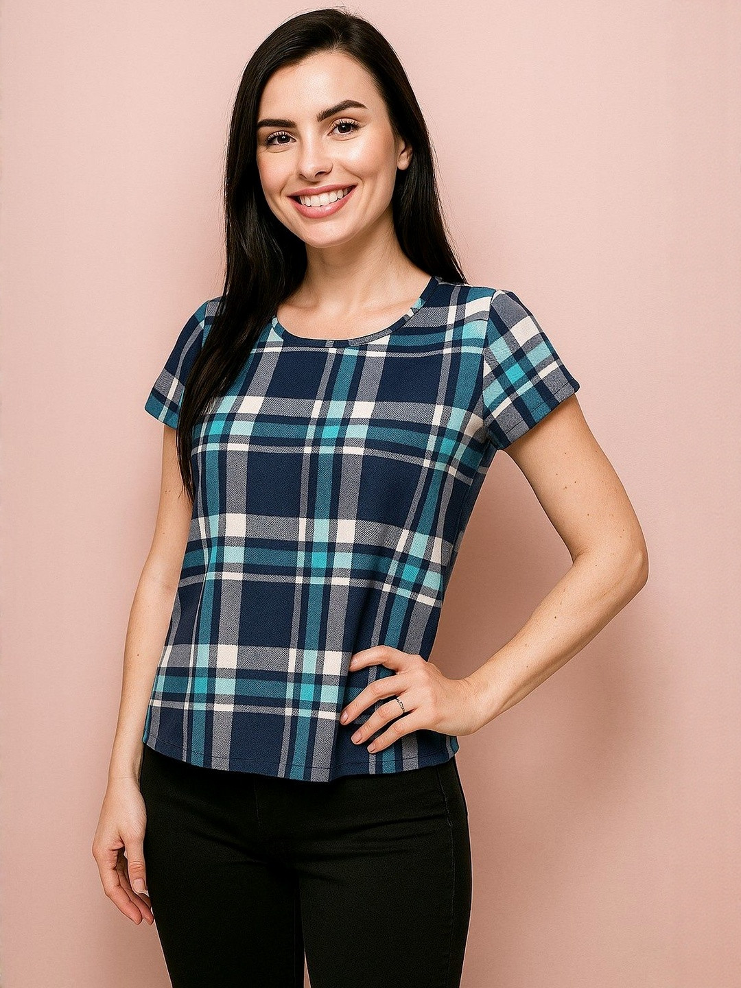DressBerry Women Navy and Blue Checked Round Neck Top