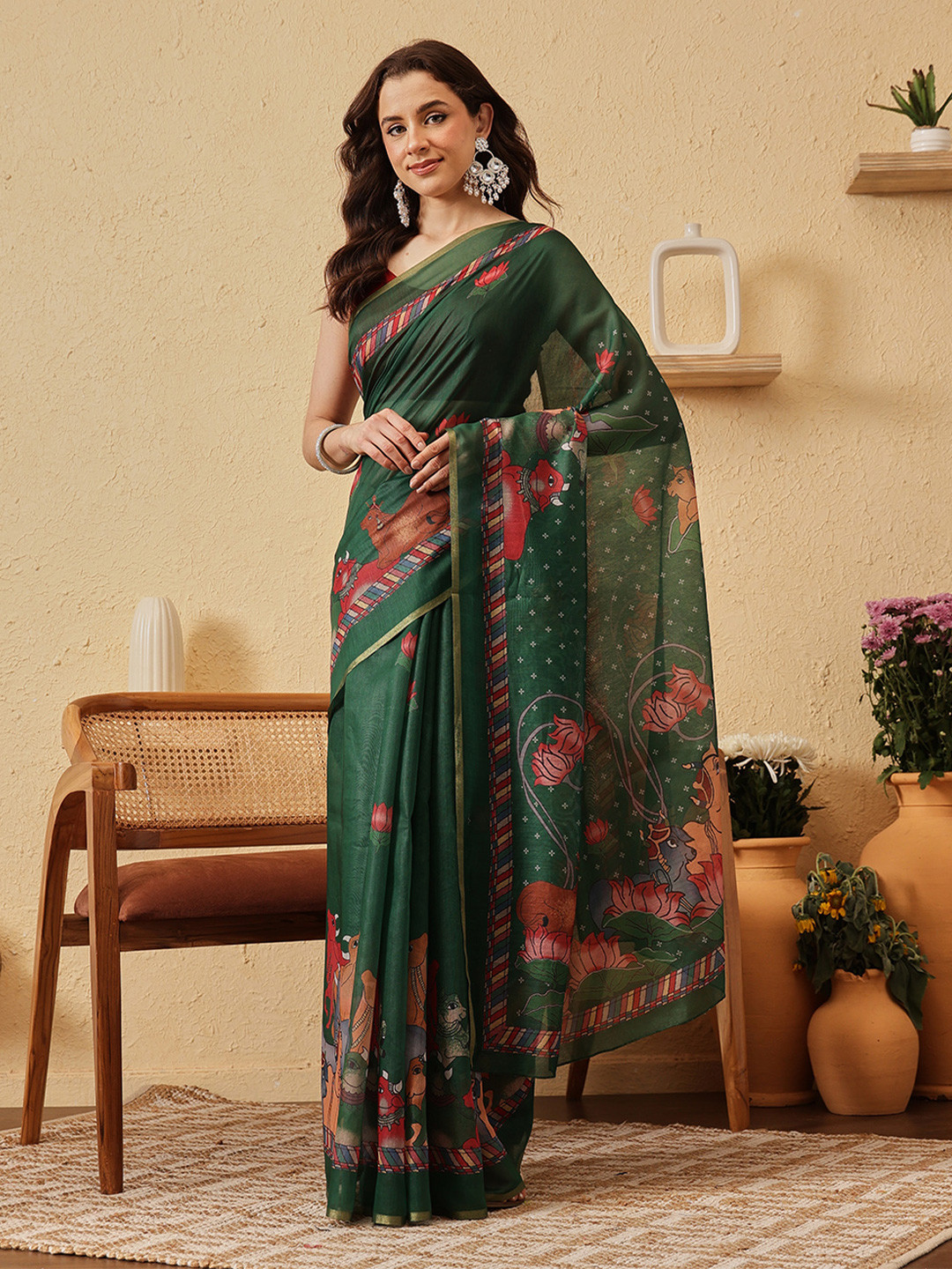 Silk Land Pichwai Kalamkari Printed Zari Border Chanderi Saree