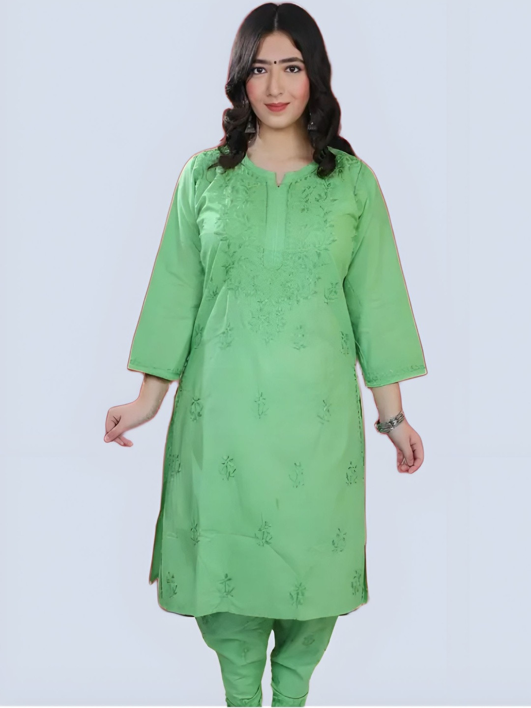 MALABIS Women Green Pure Cotton Chikankari Kurti