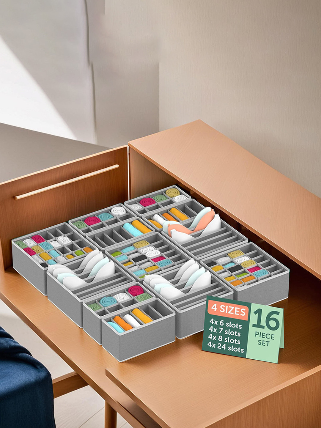 Kuber Industries Grey Set of 16  Undergarment Reusable Storage Drawer Organisers