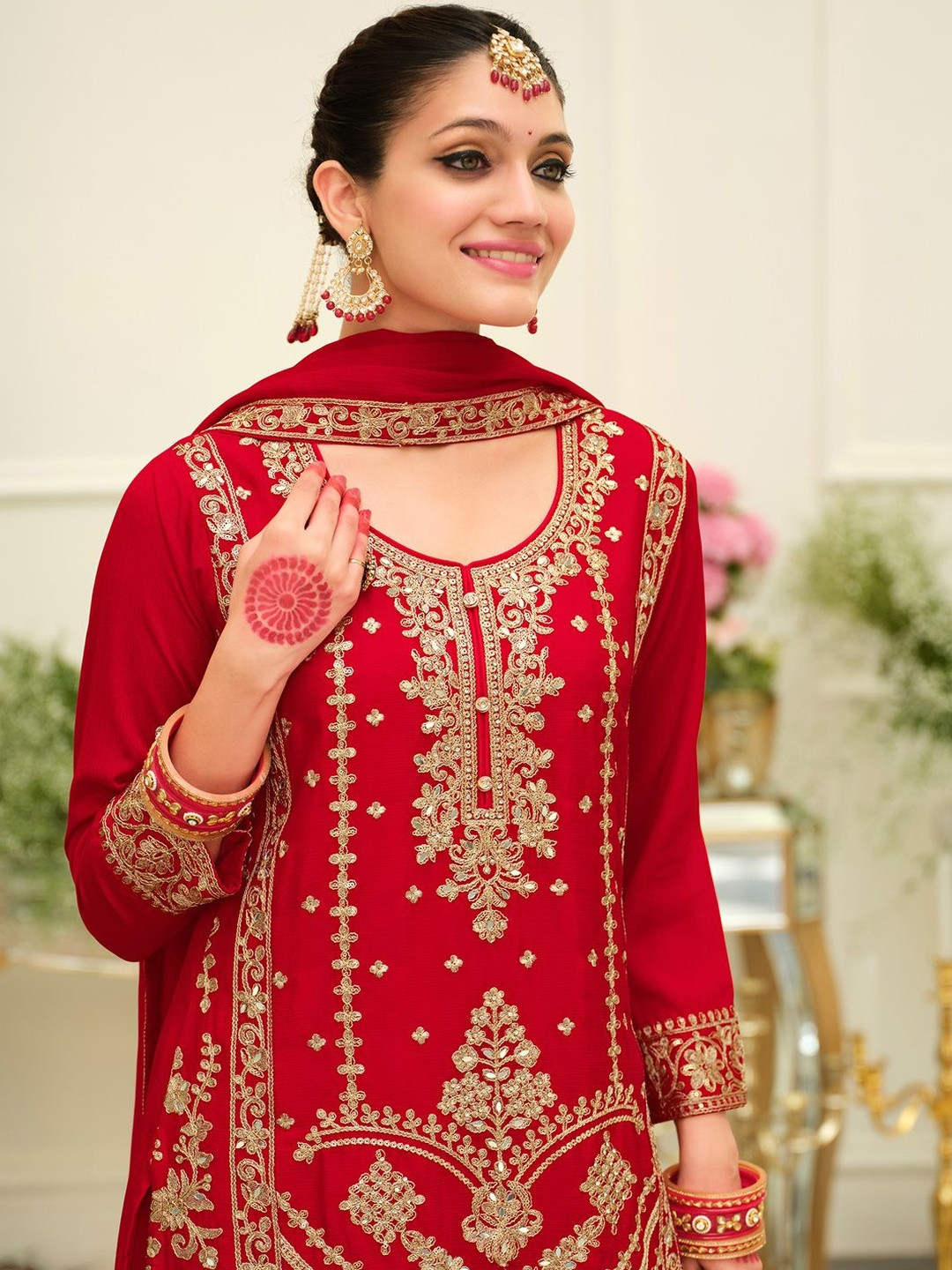 Indo Era Ethnic Motifs Embroidered Mirror Work Straight Kurta & Palazzos With Dupatta