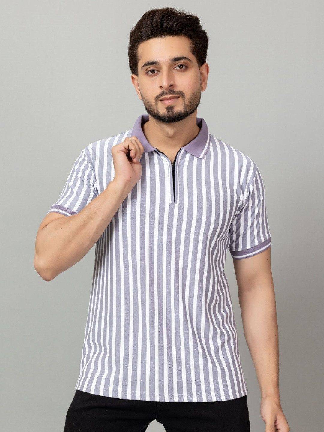 INSPRIE Striped Polo Collar Cotton T-Shirt