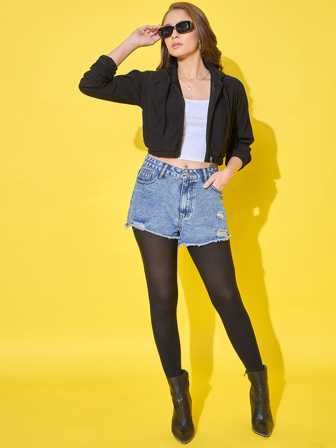 Black Casual Hooded Cotton Crop Bomber Jacket