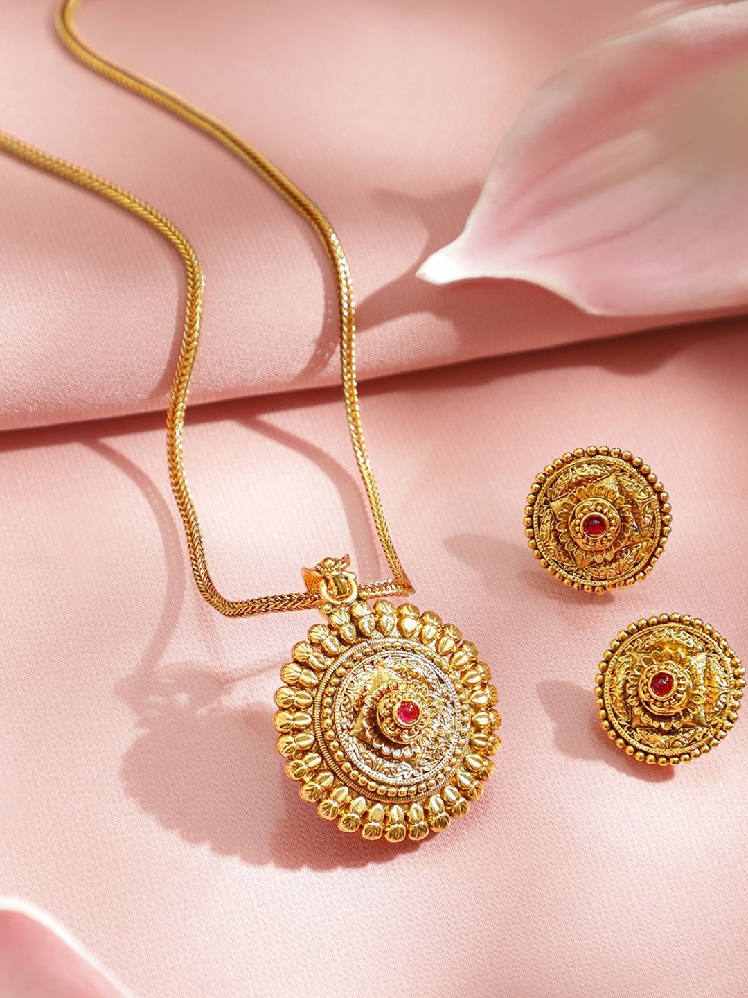Rubans 22K Gold-Plated Heritage Round Pendant Necklace Set with Ruby Pink Stone & Earrings