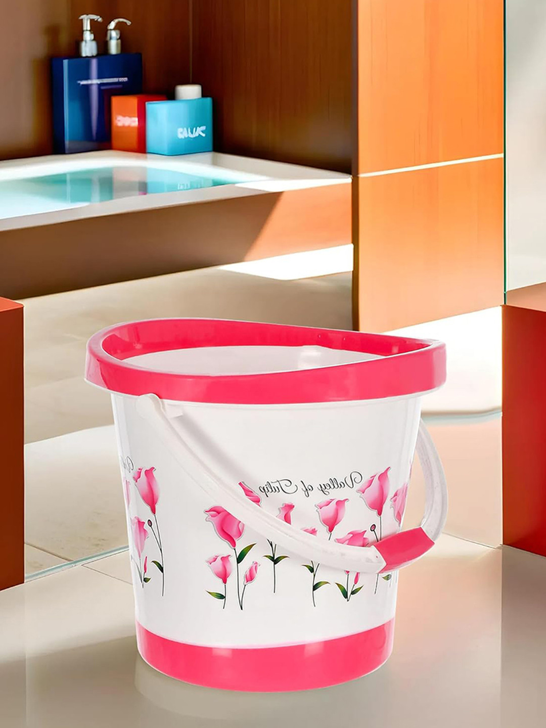 Kuber Industries Pink & White Printed Unbreakable Bathroom Bucket 18 L