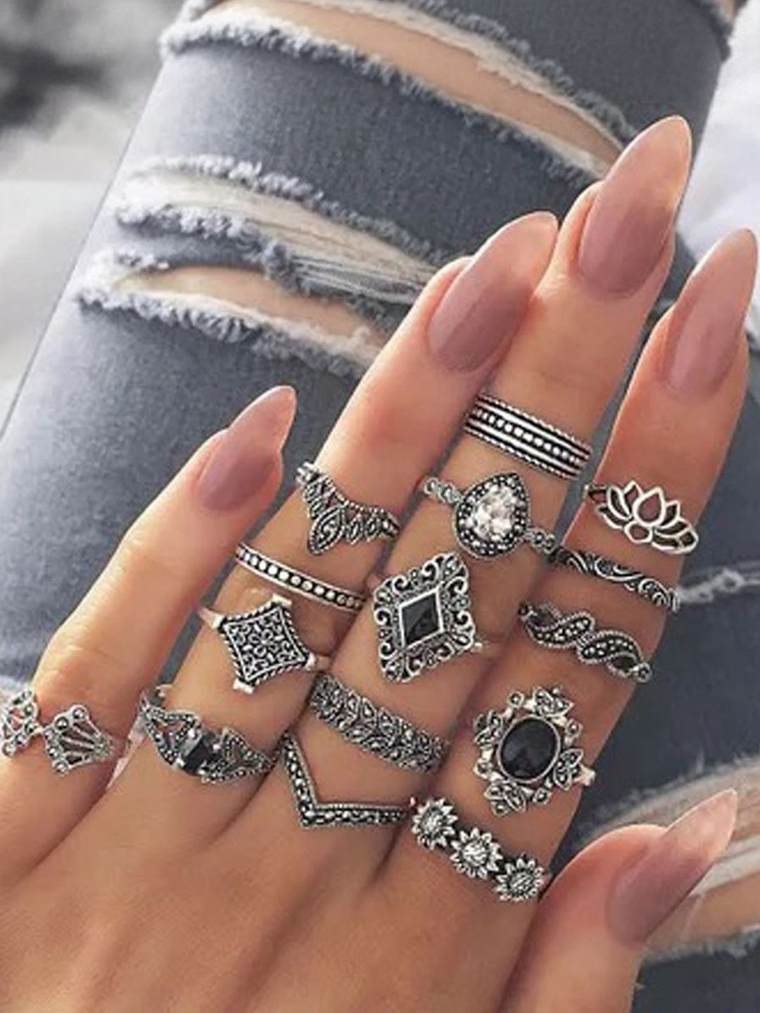 DressBerry Women Silver 15 Pieces Vintage Floral Design Ring Set