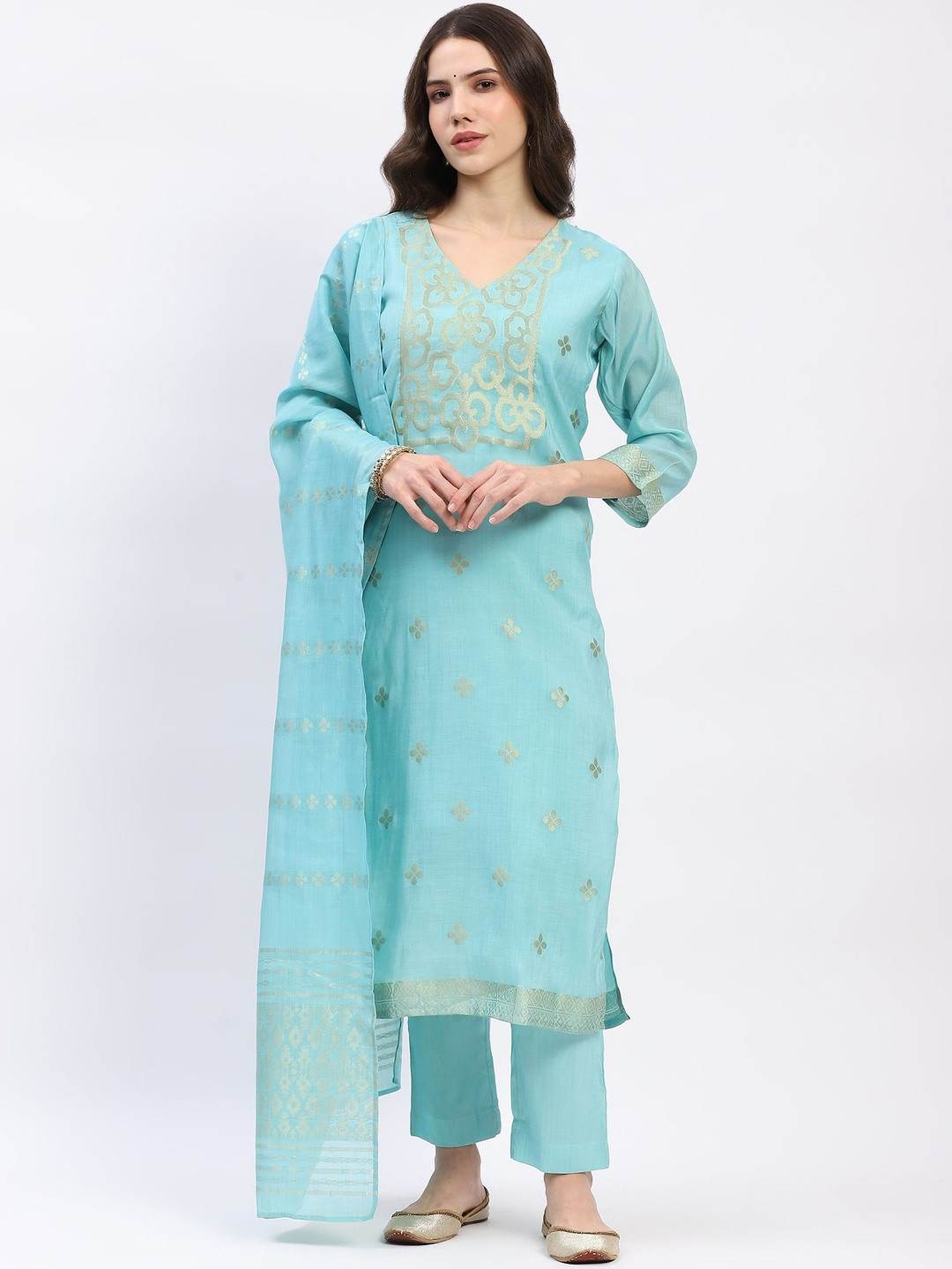 Me&I Women Woven Design Regular Chanderi Cotton Kurta with Trousers & With Dupatta