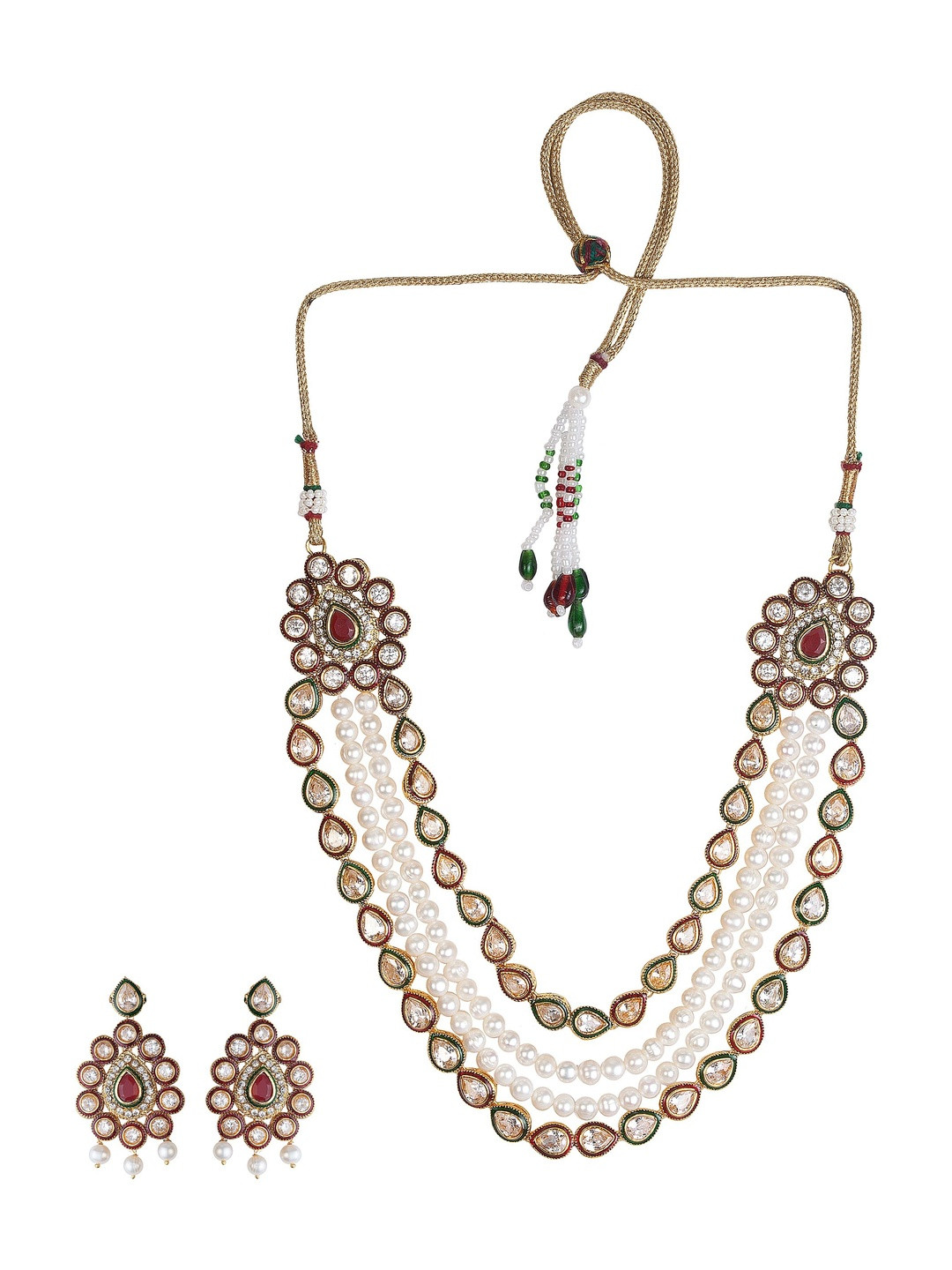 D.D Pearls Gold Plated Kundan Studded & Freshwater Pearls Beaded Layered Jewellery Set