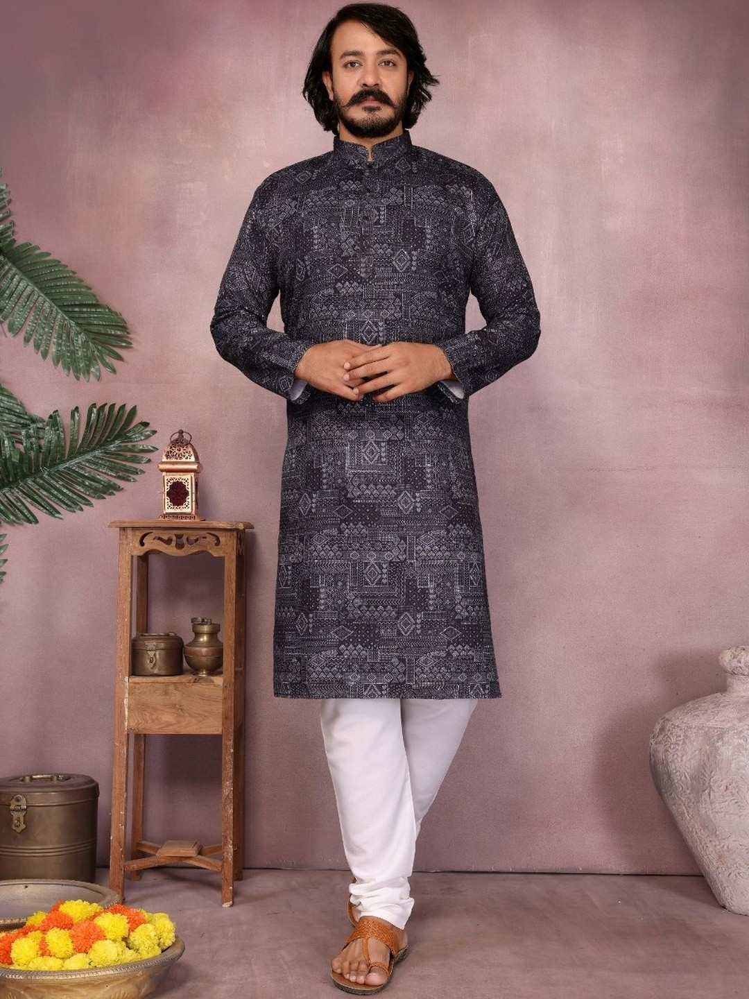 LIAM FASHION Men Geometric Printed Cotton Kurta with Pyjamas