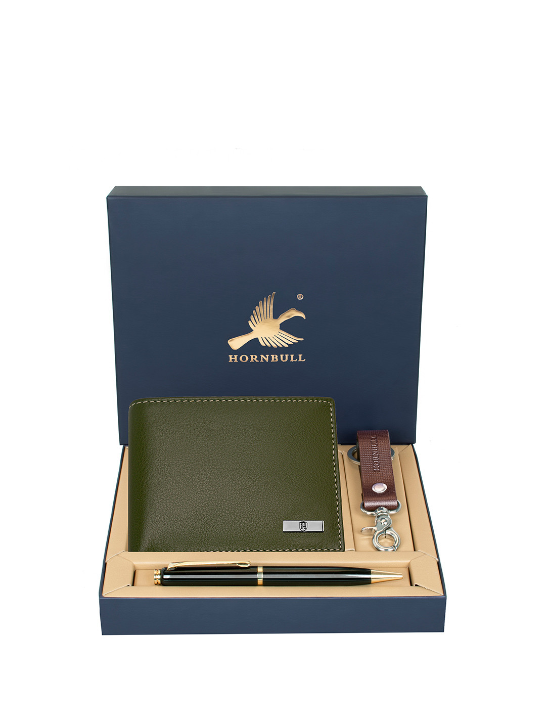 Hornbull Men Maddison Green Leather Wallet, Keyring & Pen Combo Accessory Gift Set