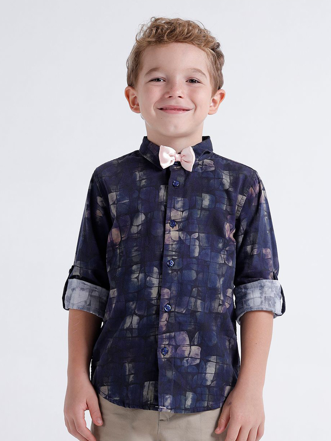 KATE & OSCAR Boys Printed Mandarin Collar Pure Satin Party Shirt