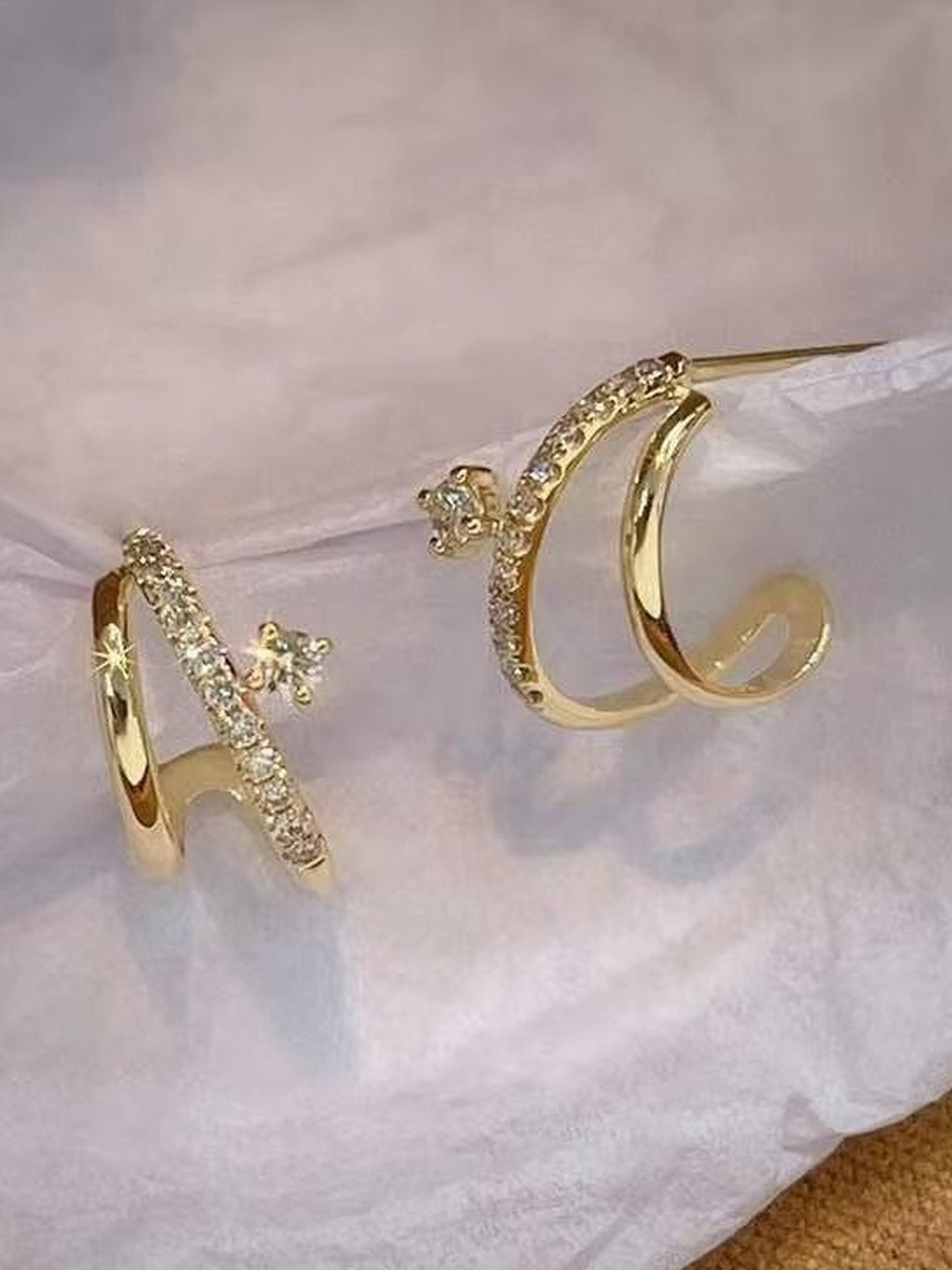 Aurum & You Silver Zircon Studded Geometric Double-layer Half Hoop Earrings