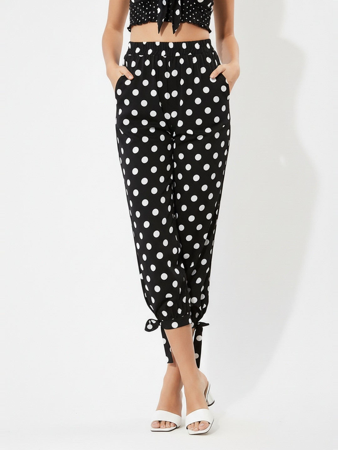 DressBerry Women Soft & Sleek Polka Dots Print Slit Hem Tie-Up Trousers