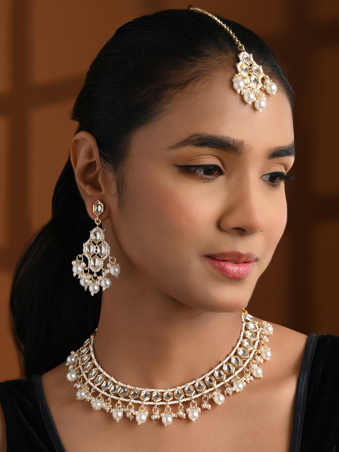 I Jewels Gold-Plated Traditional Kundan Necklace With Earrings & Maang Tikka Set