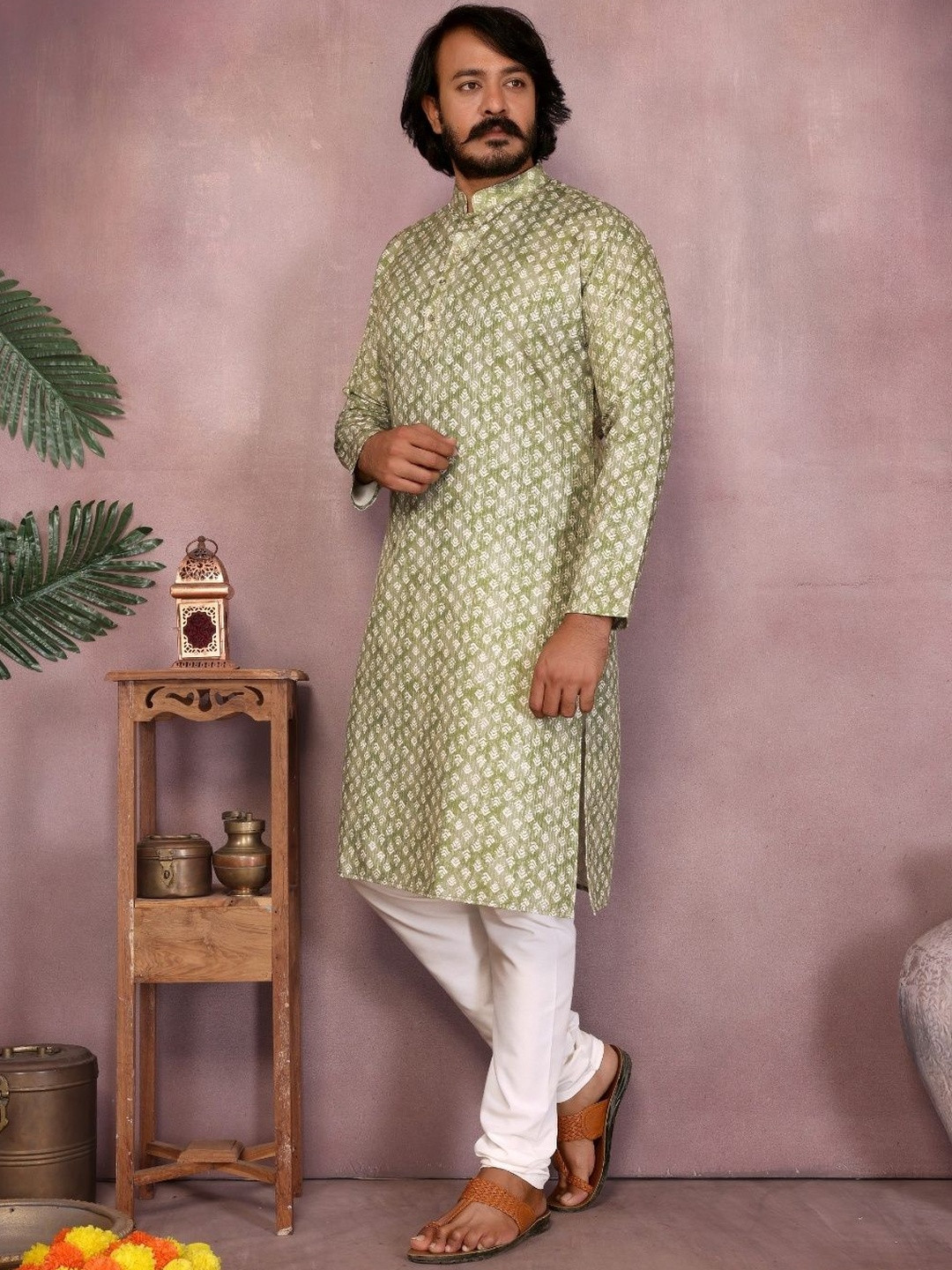 RAV CREATION Printed Mandarin Collar Pure Cotton Kurta With Pyjamas
