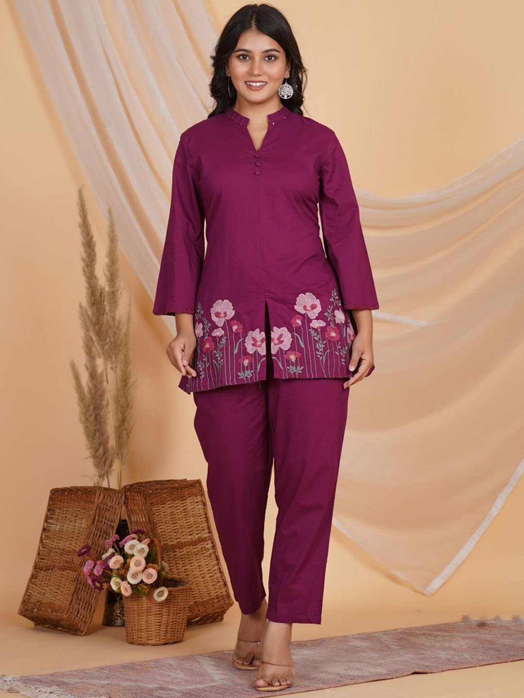 PAARDINI Floral Embroidered Pure Cotton Mandarin Collar Neck Tunic With Trousers
