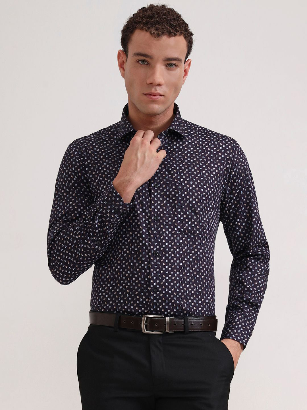 METAL Slim Fit Abstract Printed Spread Collar Satin Formal Shirt