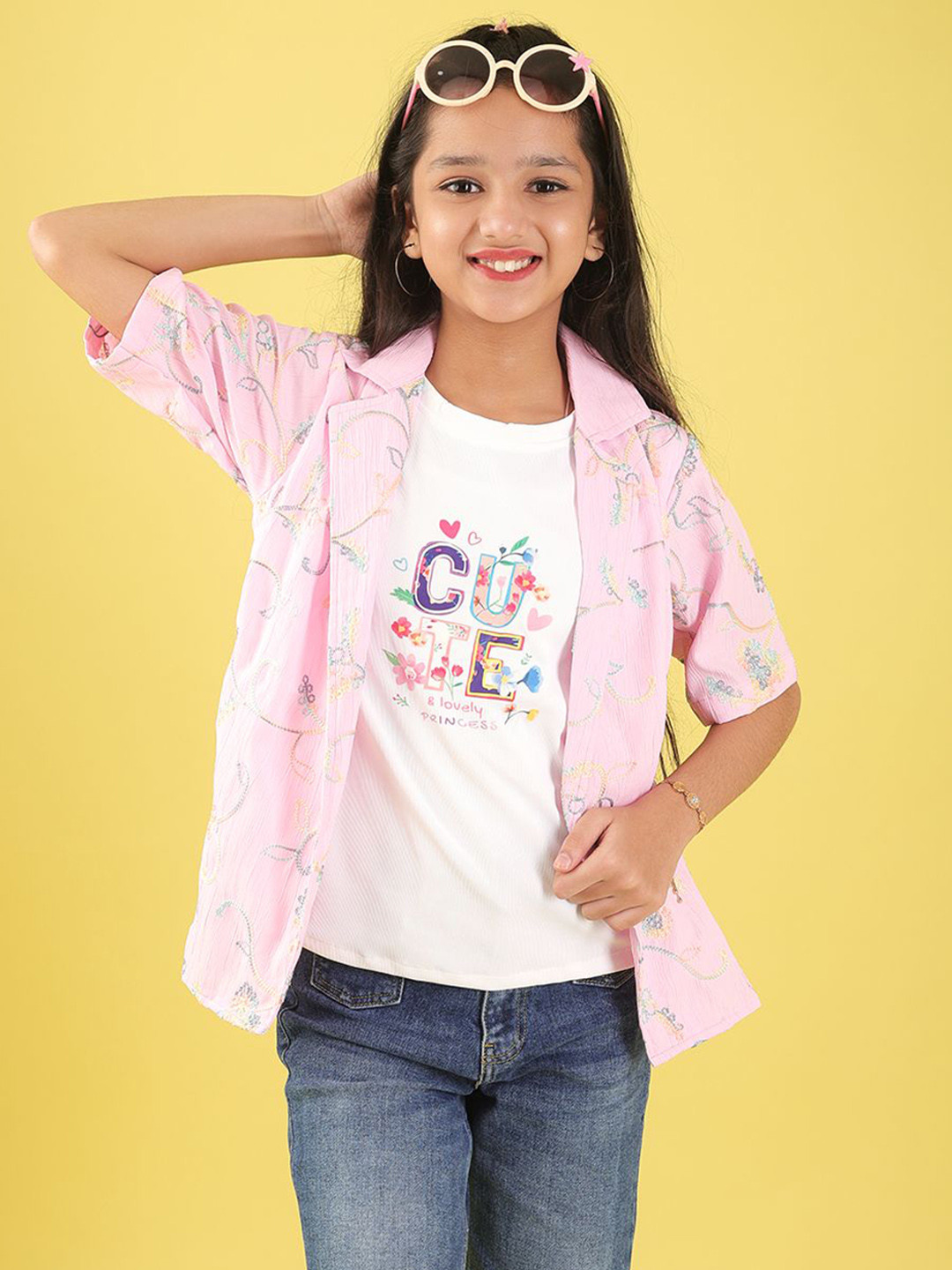 Ishti Girls Embroidered Shirt Style Tops with T-shirt