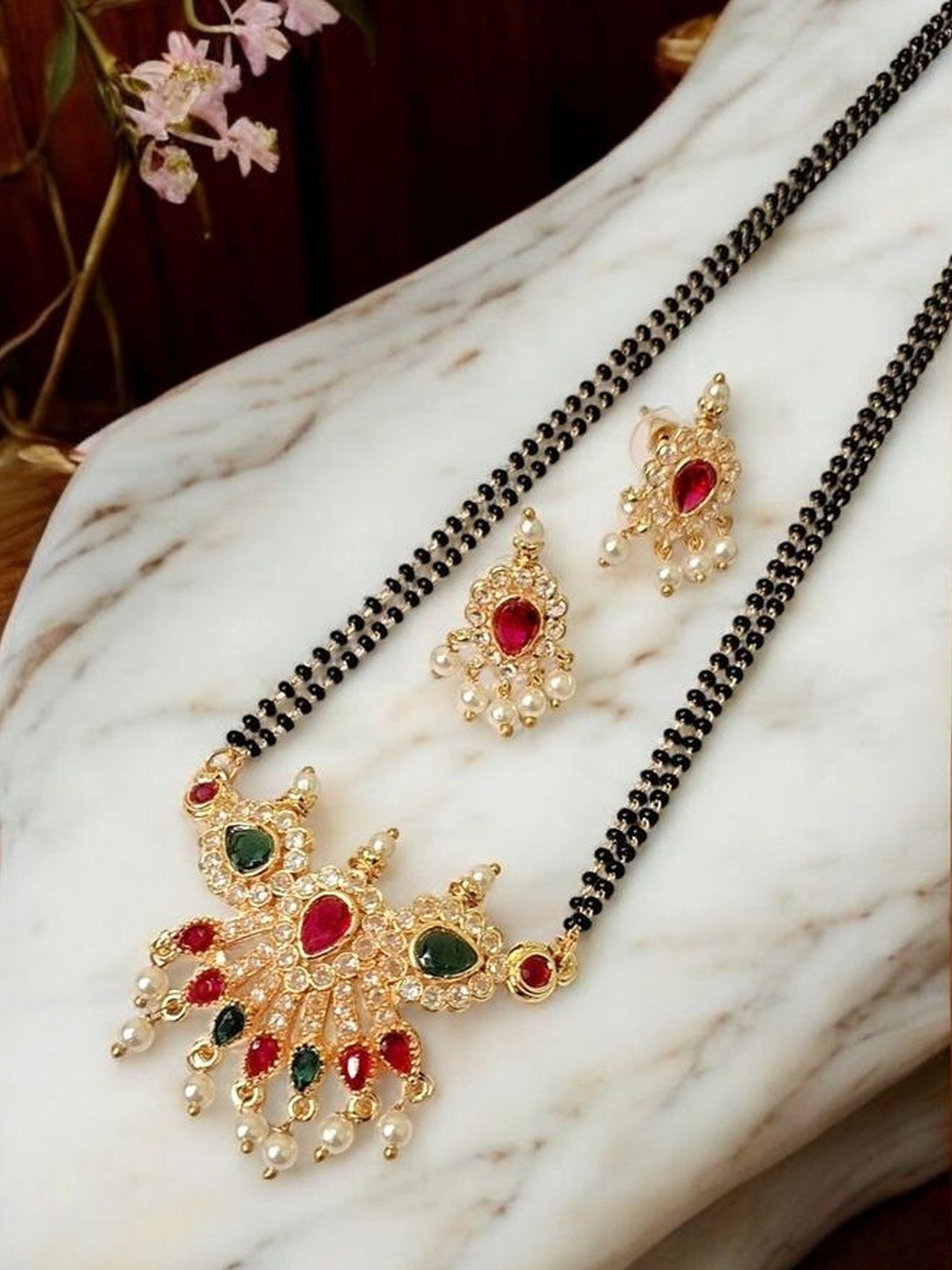 INDIAURA MODE Gold-Plated Artificial Stones Studded And Beaded Mangalsutra With Earrings
