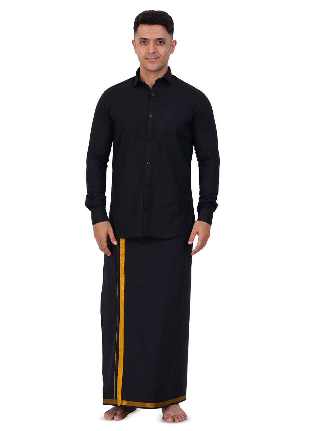 PRAKASAM COTTON Mens Flexi Readymade Black Jari Border dhoti with Full sleeve Black Shirt