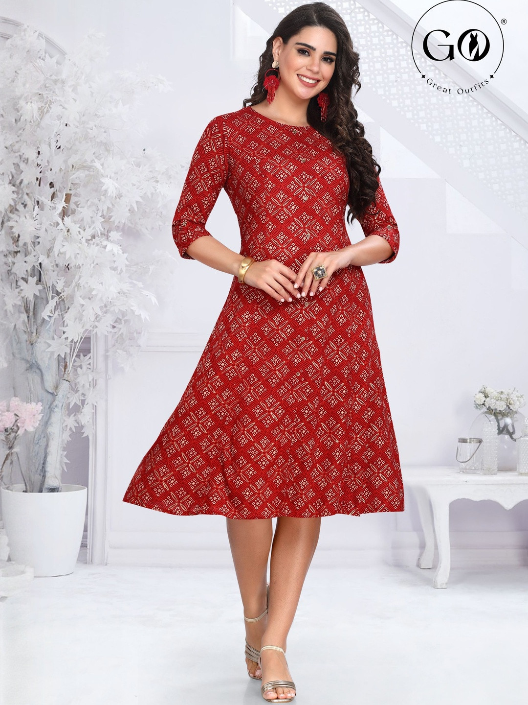 GREAT OUTFITS Bandhani Printed and Foil Highlights Round Neck A-Line Kurta