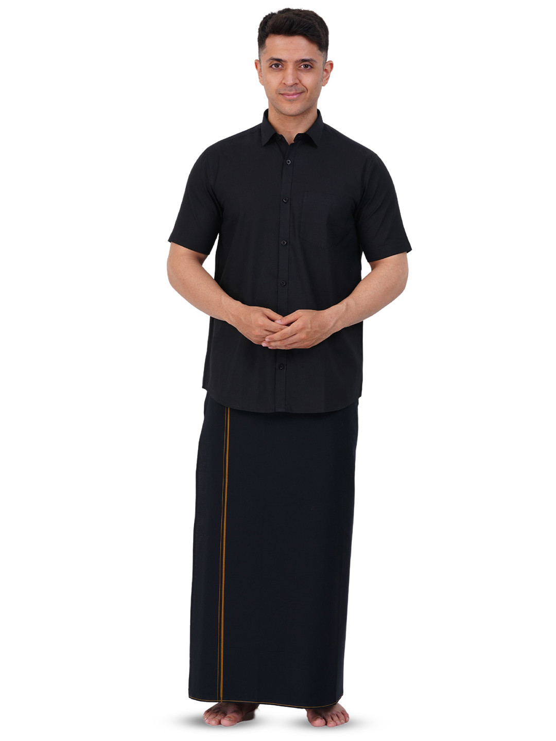 PRAKASAM COTTON Mens Black Dhoti with Readymade Half Sleeve Shirt