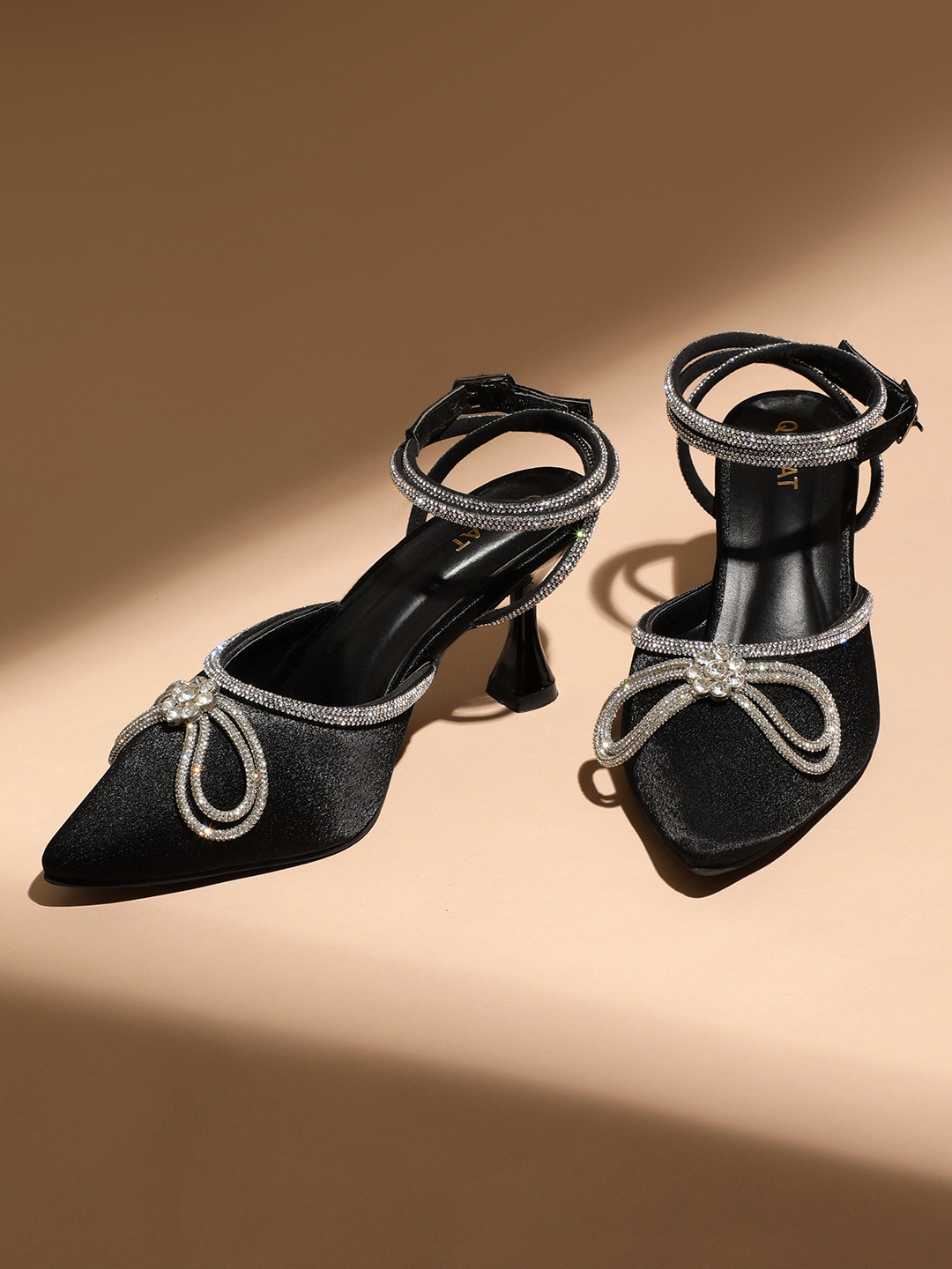 Qismat Satin Embellished Bows Strappy Ankle Loop Slim Heeled Pumps