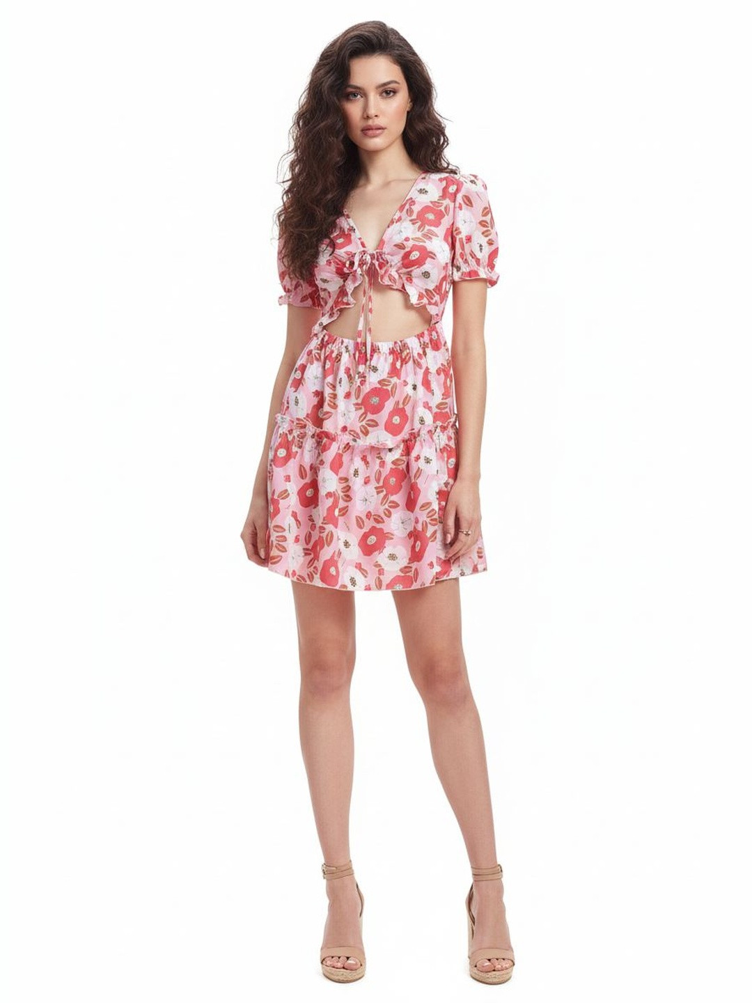 DressBerry Floral Print Cut-Out Detail Ruffled A-Line Mini Dress