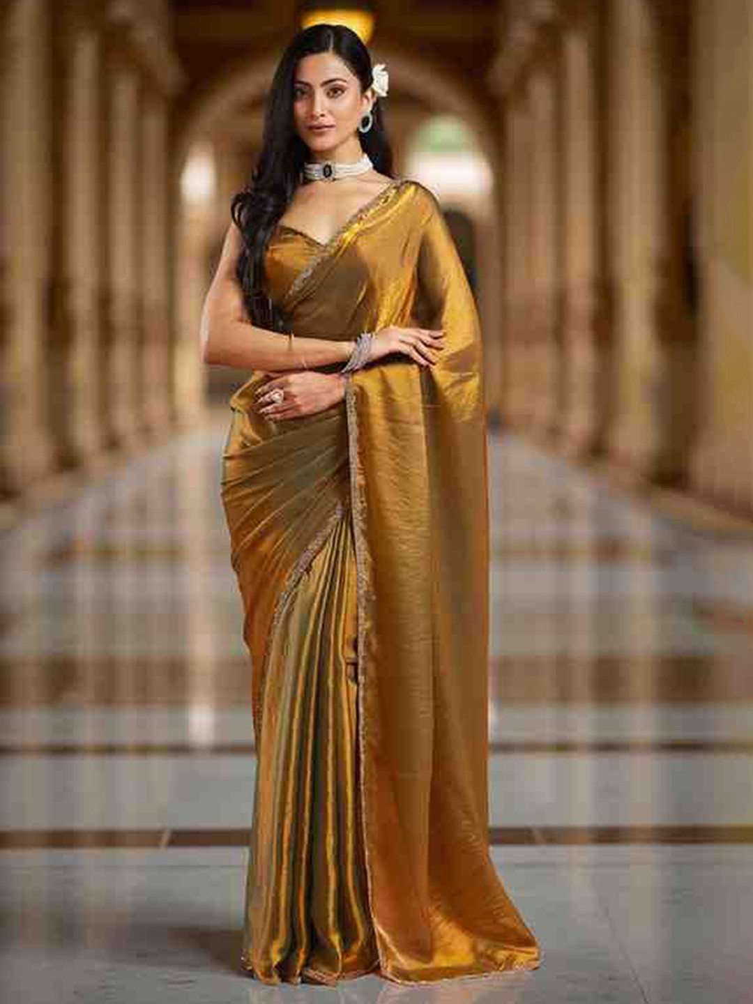 LOROFY Beads and Stones Shiny Tussar Saree