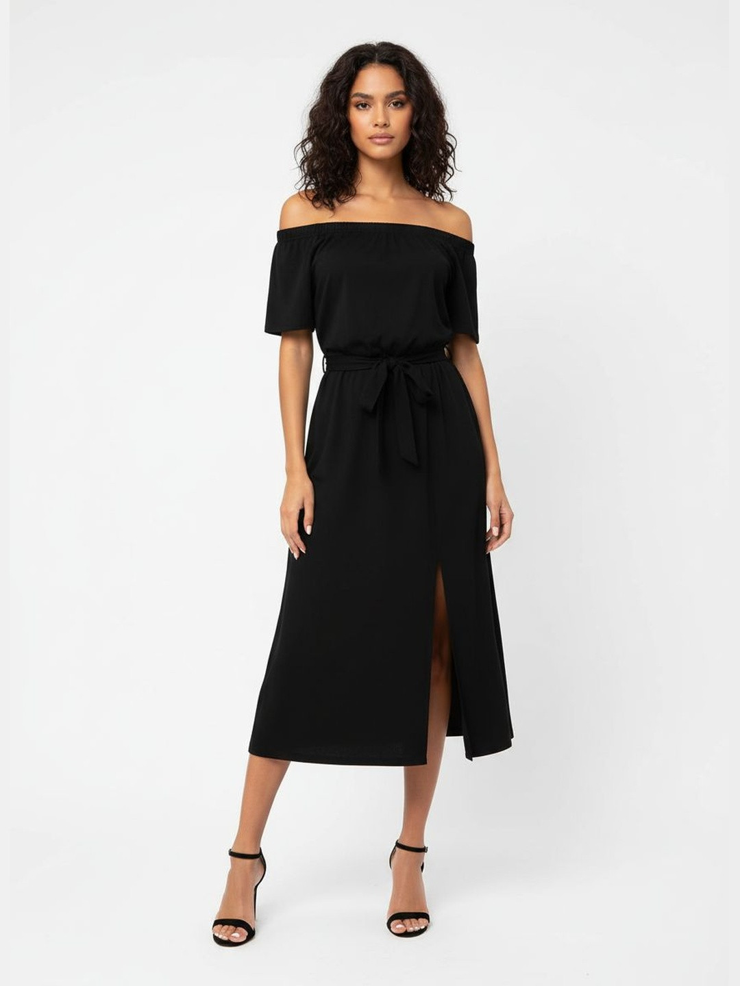 DressBerry Off-Shoulder Front Slit Fit & Flare Midi Dress