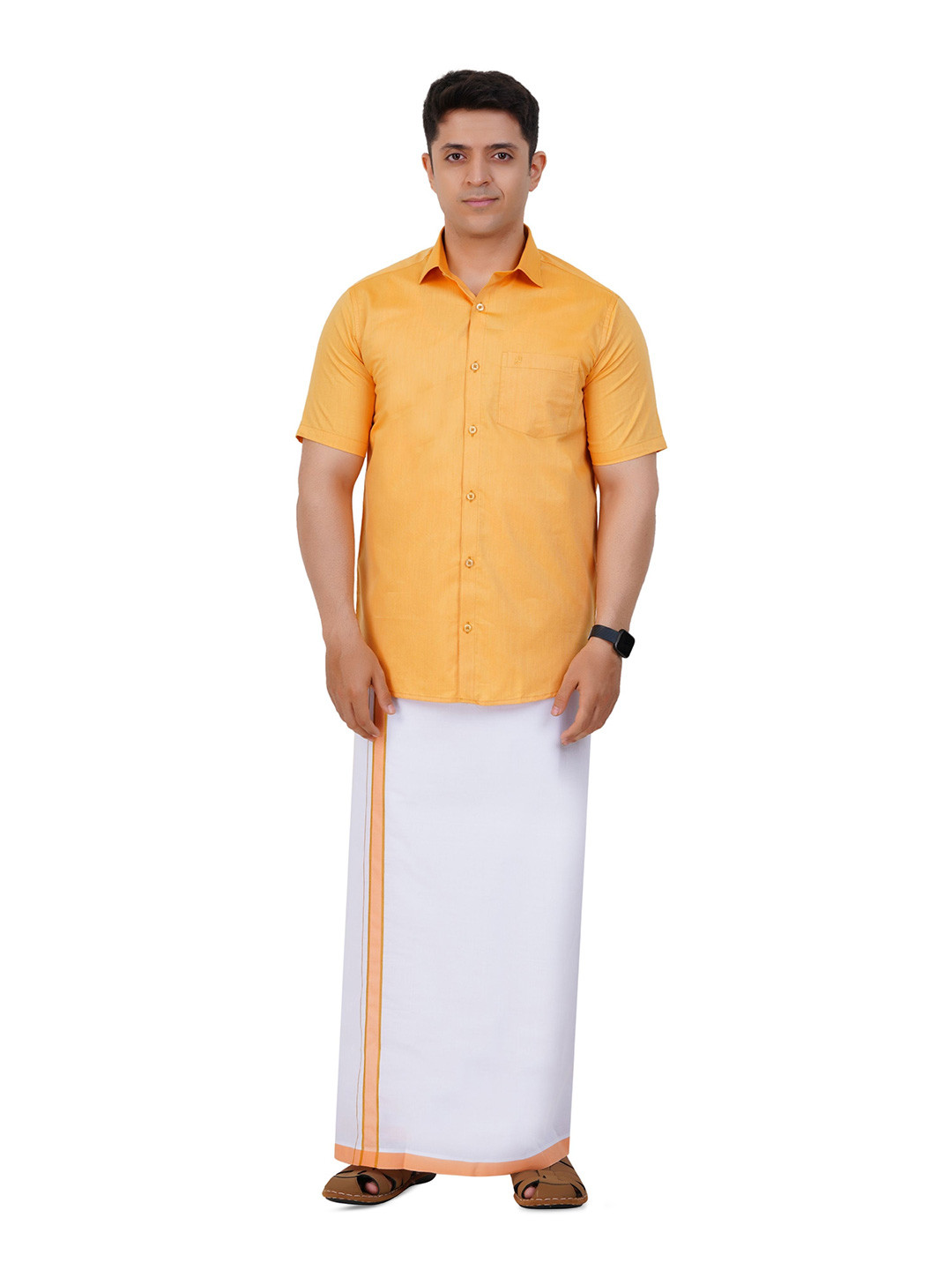 PRAKASAM COTTON Readymade Half Sleeve Shirt and Matching Border Dhoti Set