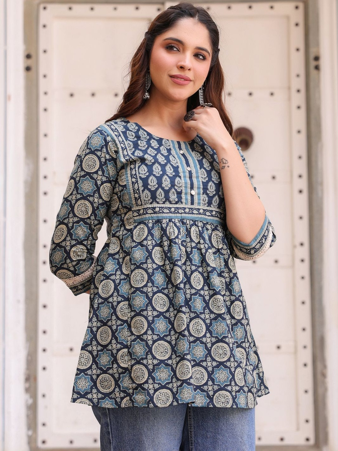 Rain & Rainbow Women Ethnic Motifs Printed Pure Cotton Peplum Top
