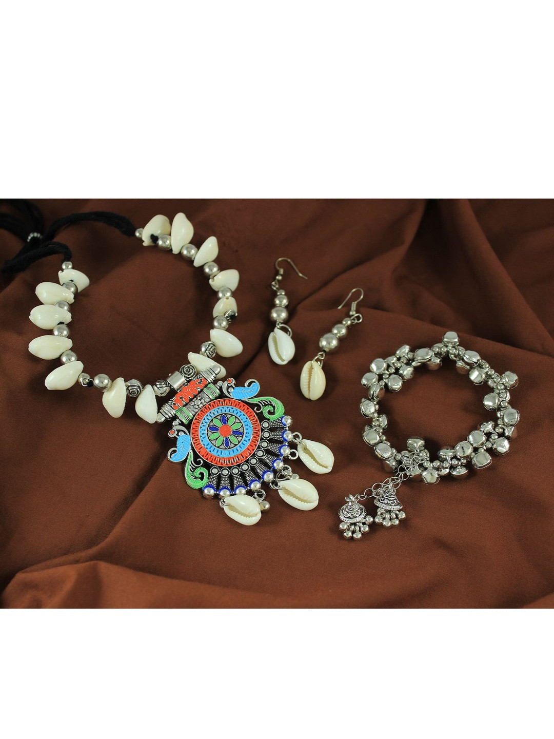 JFL - JEWELLERY FOR LESS Women Oxidised Silver-Plated Brass Necklace & Earrings