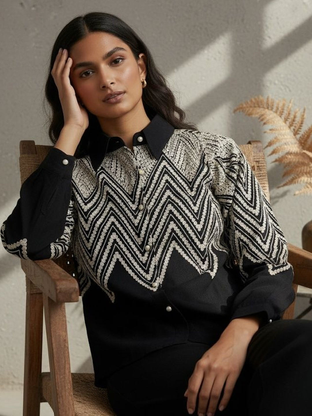 Roadster Women  Black Spread Collar Textured Polyester Shirts