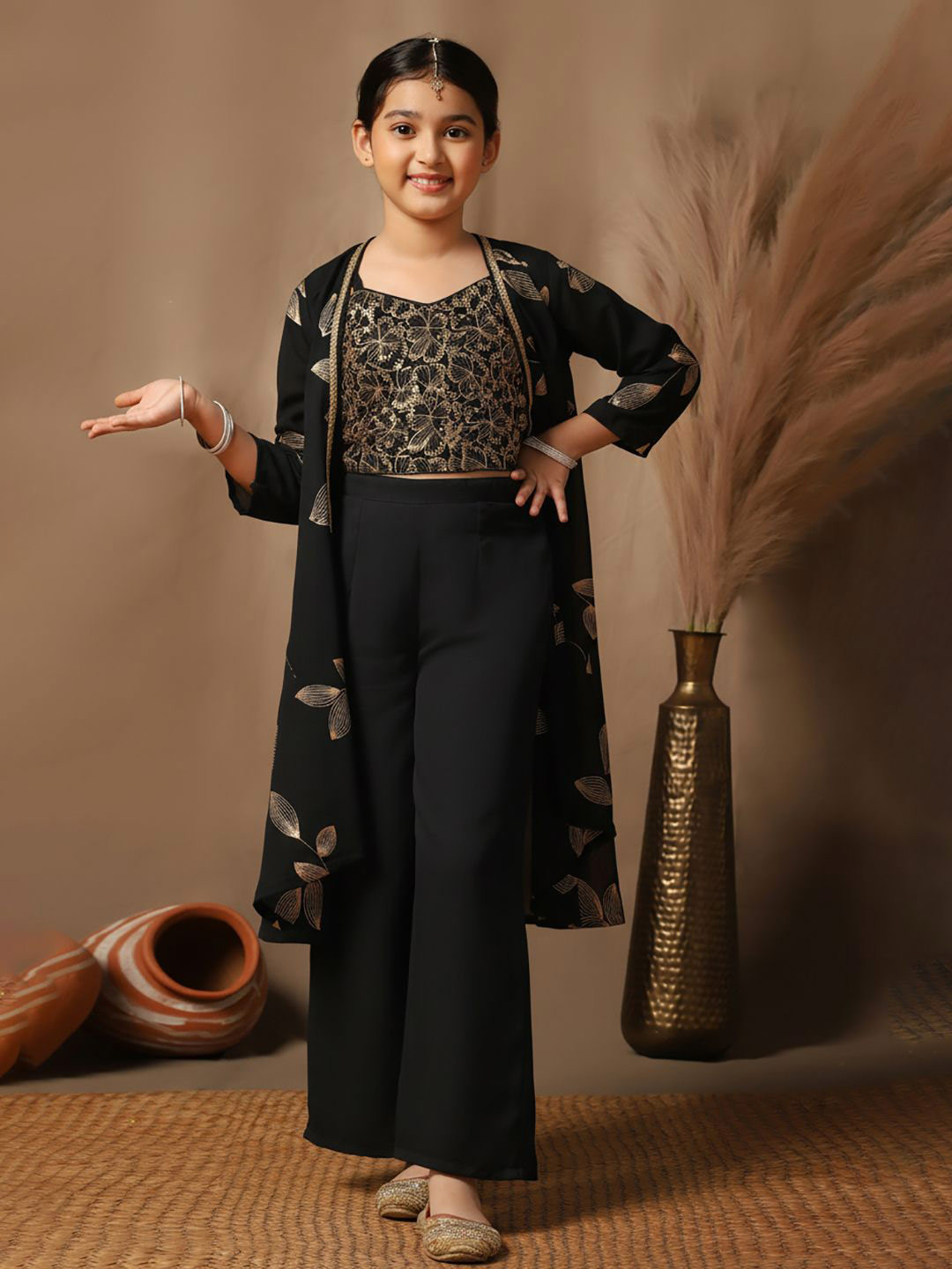BAESD Girls Embroidered Shoulder Straps Georgette Top With Palazzos & Shrug