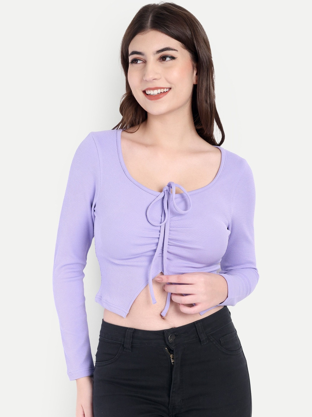 R.Code by The Roadster Life Co. Ribbed Lace-Up Scoop Neck Long Sleeves Fitted Crop Top