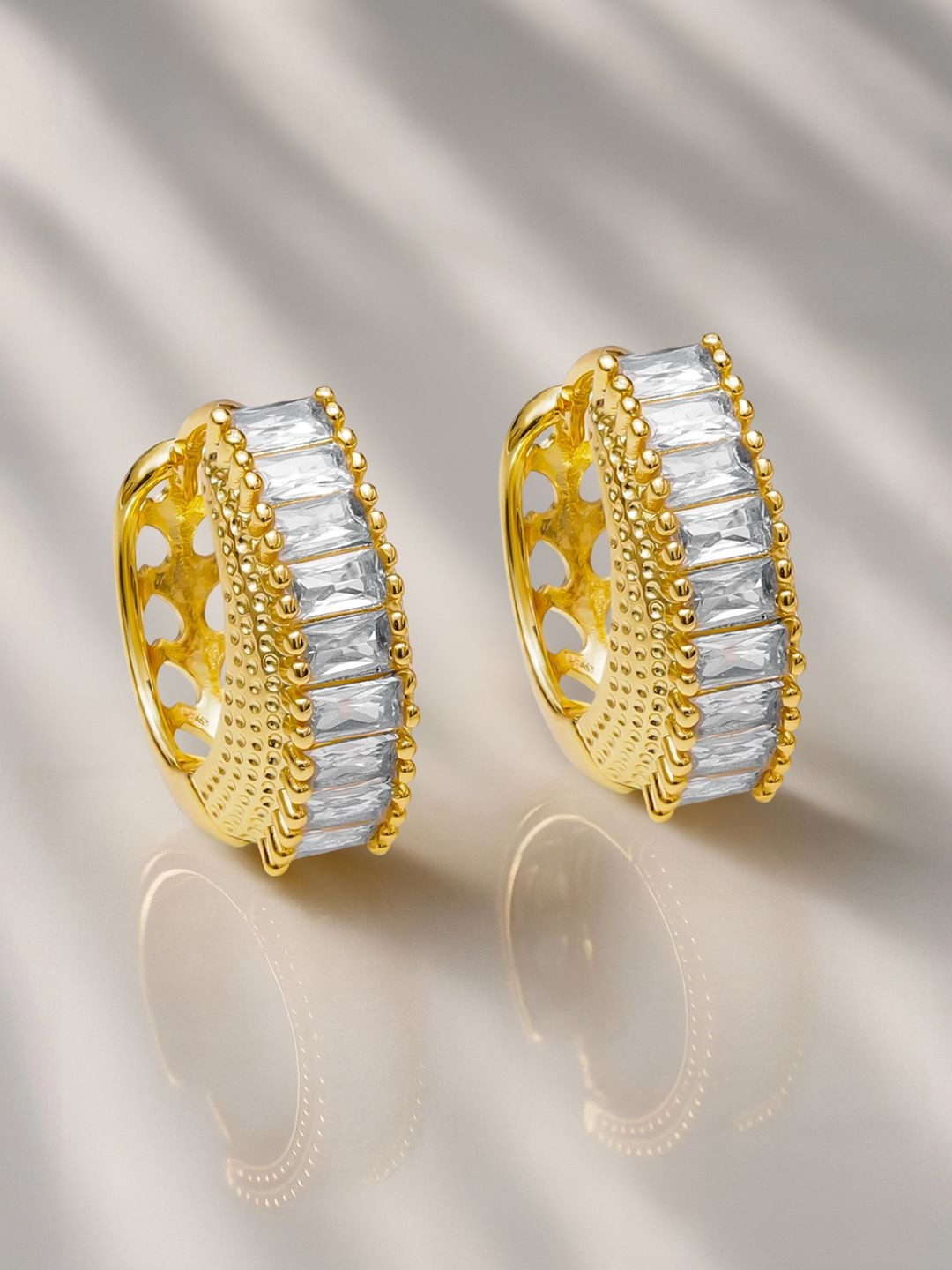 Rubans 22K Gold-Plated Cubic Zirconia Studded Rectangular Shaped Hoop Earrings