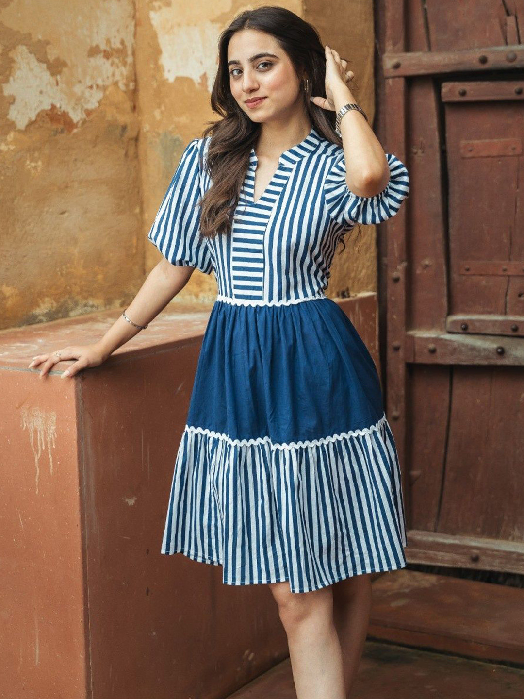 Satnam Handicrafts Striped Ruffled A-Line Dress