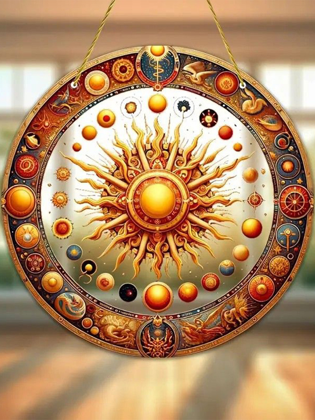 BS AMOR Gold-Toned Hanging Vastu Fensui Celestial Symbol Round UV-Printed Suncatcher