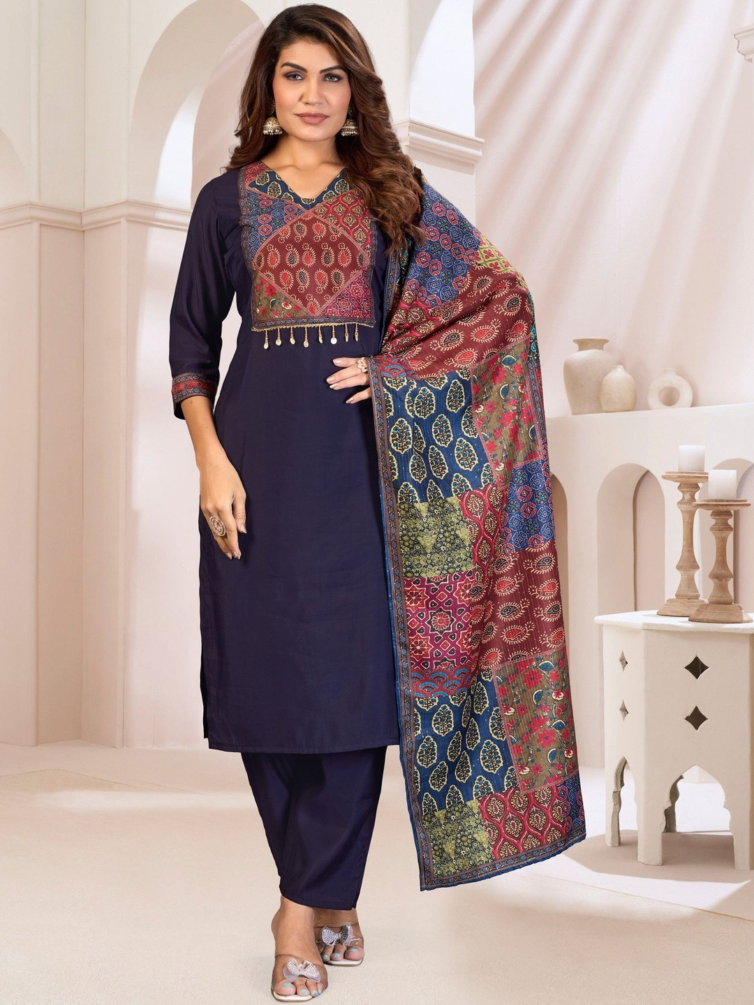 OLWAZE Floral Yoke Design V-Neck Beads Straight Kurta With Trousers & Dupatta